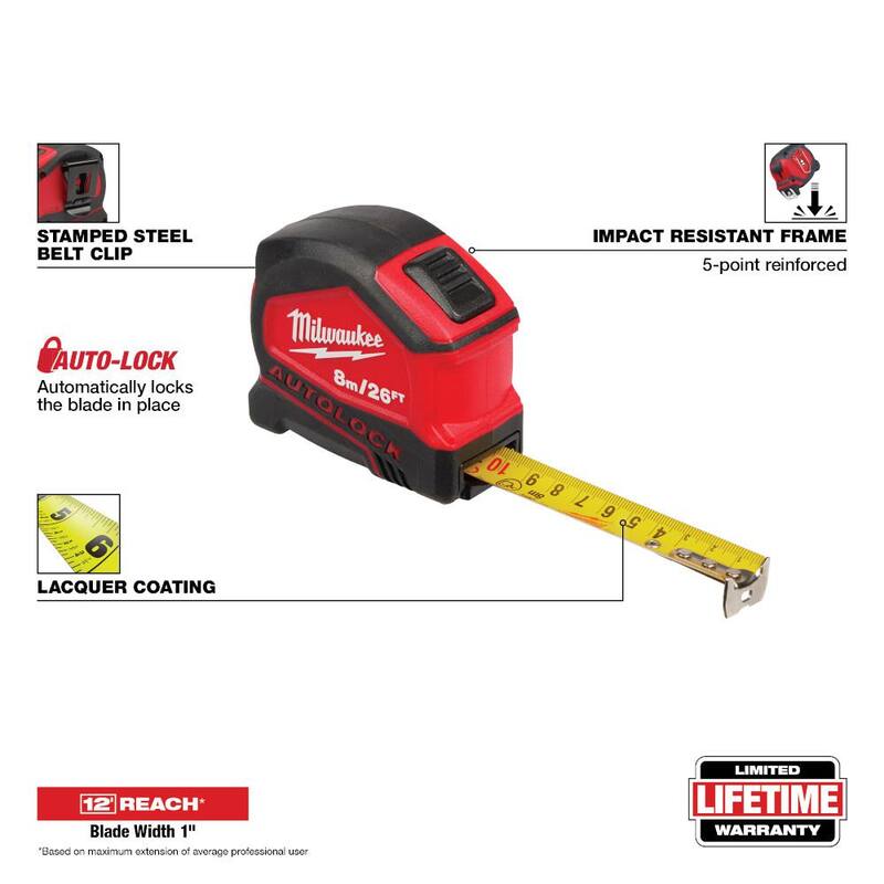 Cinta métrica de bloqueo automático compacta de 8m/26 ft. de Milwaukee - 48-22-6826
