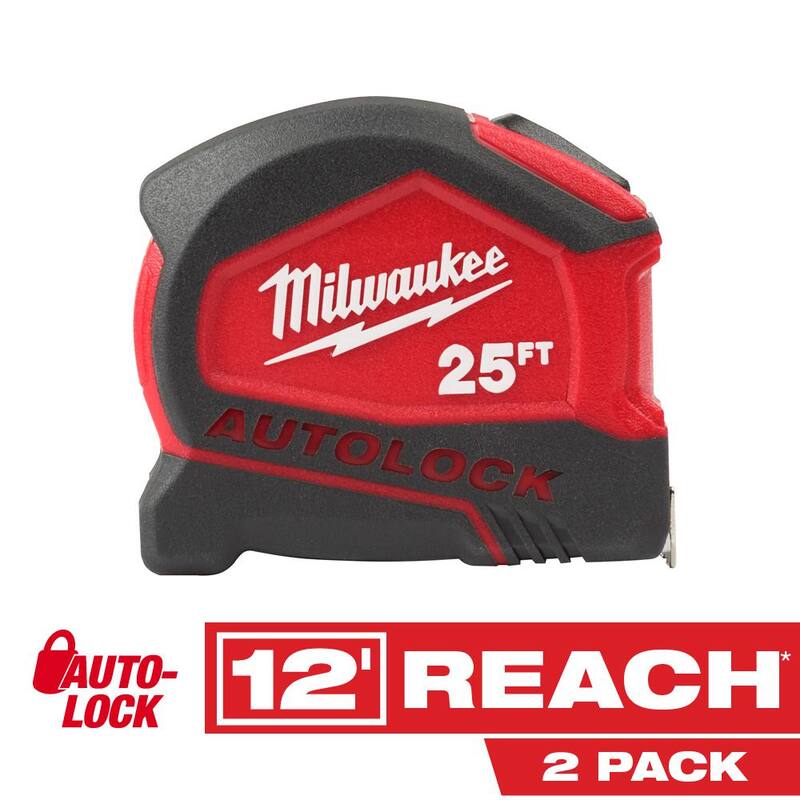 Cinta métrica automática de bloqueo compacta de 25 pies de Milwaukee (paquete de 2) - 48-22-6825-48-22-6825