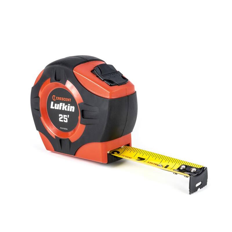 Serie P1000 de Crescent Lufkin 1 pulgada x 25 pies Cinta métrica retráctil con hoja de acero A5 - PHV1425N de color naranja amarillo de alta visibilidad.