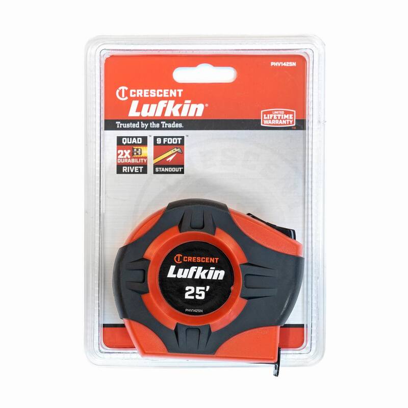 Serie P1000 de Crescent Lufkin 1 pulgada x 25 pies Cinta métrica retráctil con hoja de acero A5 - PHV1425N de color naranja amarillo de alta visibilidad.