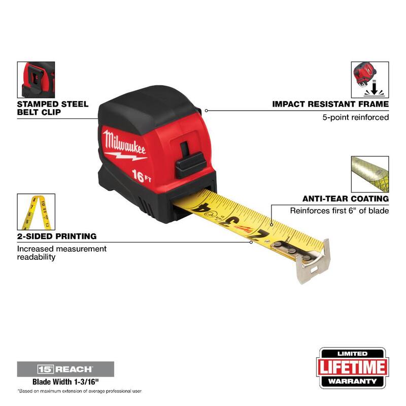 Milwaukee 16 pies x 1-3/16 pulgadas Cinta Métrica de Cuchilla Ancha Compacta con Alcance de 15 pies - 48-22-0416