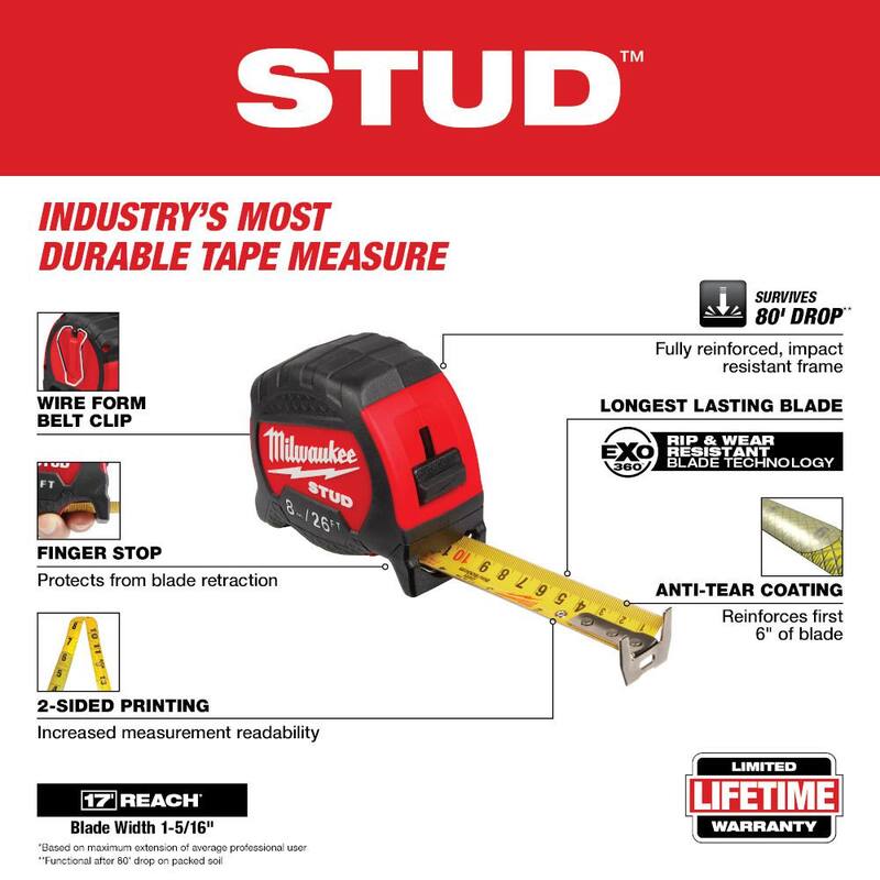 Milwaukee 8 m/26 ft. x 1-5/16 in. Gen II Cinta Metrica de ESTUDIOS con alcance de 17 ft. - 48-22-9726