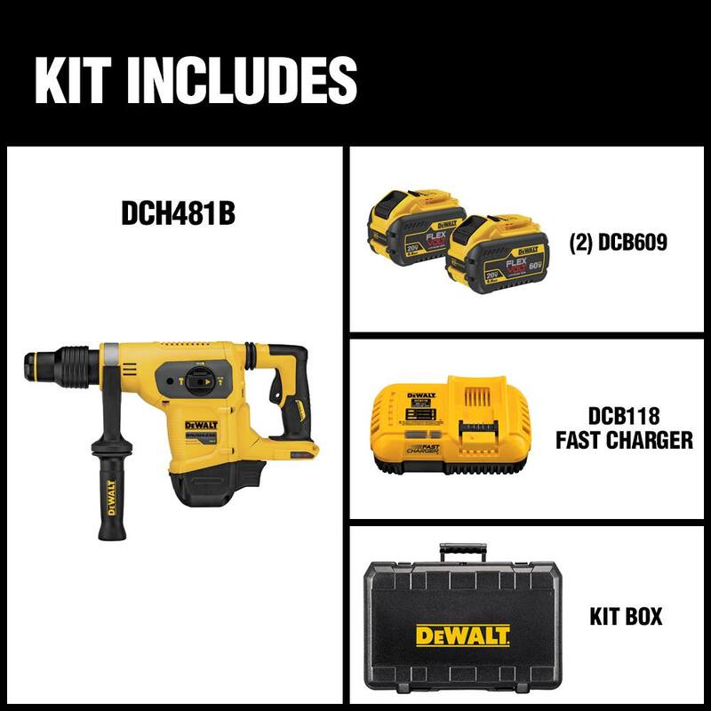 Martillo rotativo combinado SDS MAX inalámbrico sin escobillas DEWALT FLEXVOLT 60V MAX de 1-9/16 pulgadas y (2) baterías FLEXVOLT 9.0Ah - DCH481X2
