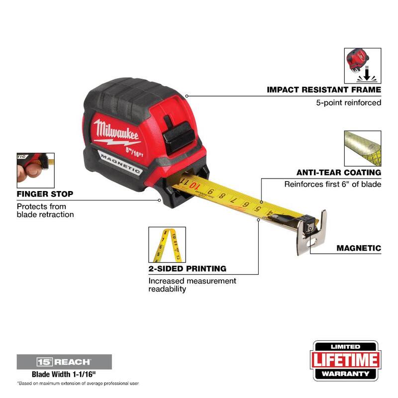 Cinta métrica magnética compacta Milwaukee de 5 m / 16 ft. x 1-1/16 in. con alcance de 15 ft. - 48-22-0317