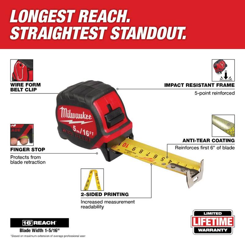 Milwaukee 5 m/16 ft. x 1-5/16 in. Cinta métrica de hoja ancha con alcance de 17 ft. - 48-22-0217