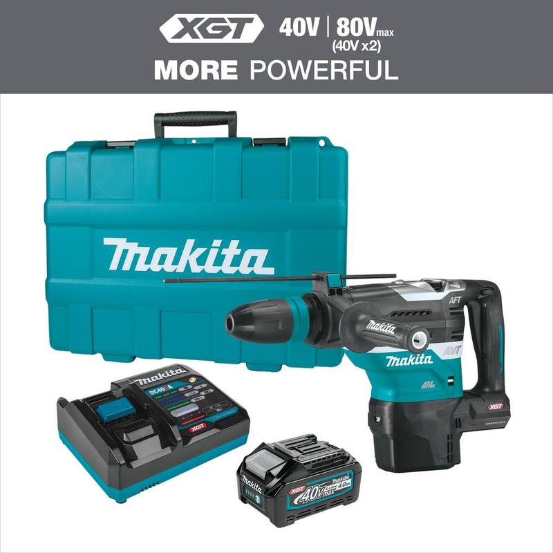 Martillo rotativo inalámbrico sin escobillas Makita 40V Max XGT de 1-9/16 pulgadas, kit con tecnología AVT, capaz de AFT y AWS (4.0Ah) - GRH05M1