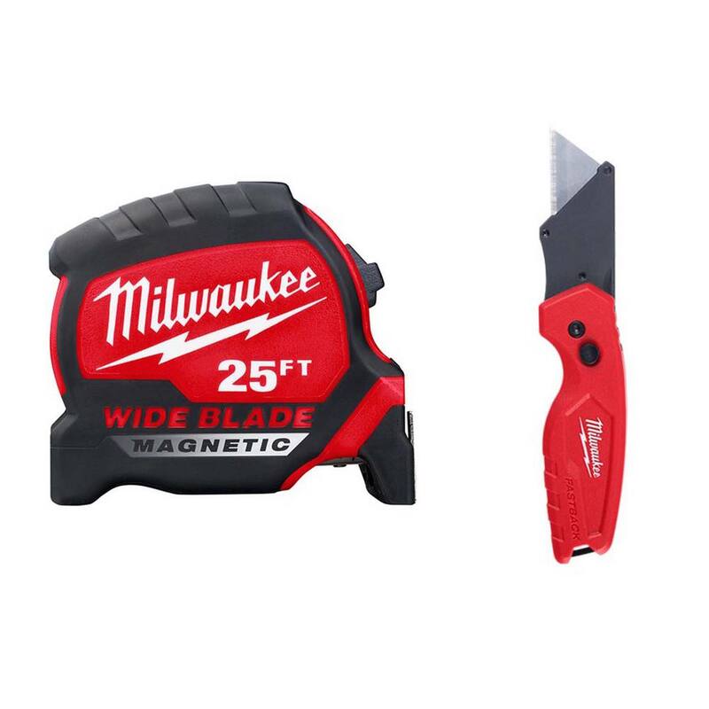 Cinta métrica magnética con hoja de cuchilla de 25 pies x 1.3 pulgadas de Milwaukee con un alcance de 14 pies y cuchillo utilitario plegable compacto Fastback - 48-22-0225M-48-22-1500.