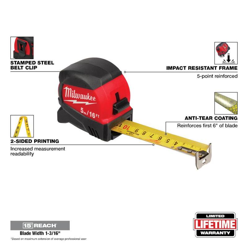 Milwaukee 5 m/16 ft. x 1-3/16 in. Cinta métrica de hoja ancha compacta con alcance de 15 ft. - 48-22-0417