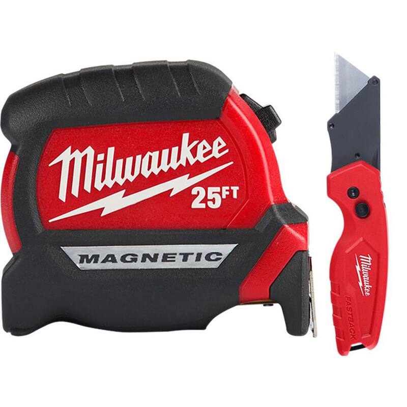 Milwaukee 25 pies x 1 pulgada Cinta Métrica Magnética Compacta con alcance de 15 pies y Cuchillo Utilitario Plegable FASTBACK Compacto - 48-22-0325-48-22-1500