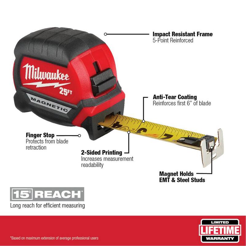 Milwaukee 25 pies x 1 pulgada Cinta Métrica Magnética Compacta con alcance de 15 pies y Cuchillo Utilitario Plegable FASTBACK Compacto - 48-22-0325-48-22-1500
