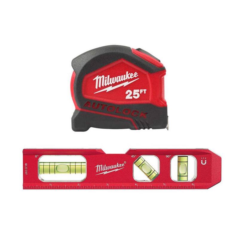 Milwaukee Compact Auto Lock cinta métrica SAE de 25 pies con escala fraccionaria y 9 pies de longitud con nivel de torpedo de 7 pulgadas de aluminio - 48-22-6825-48-22-5107.