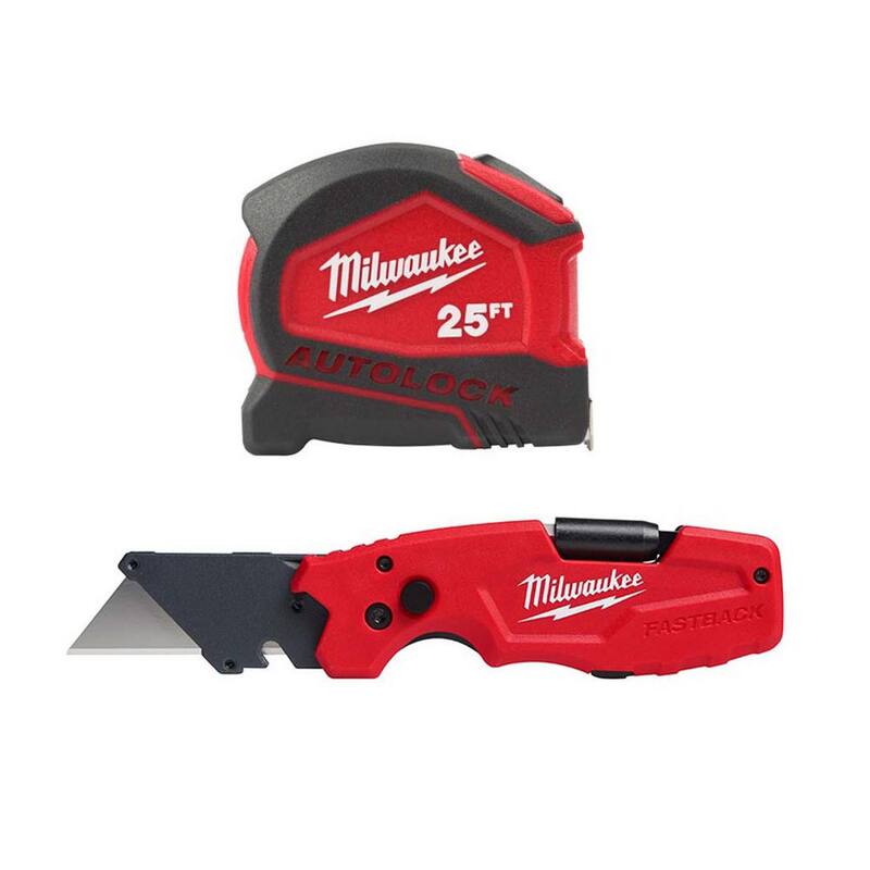 Cinta métrica SAE de 25 pies con bloqueo automático compacto de Milwaukee y 9 pies de extensión con cuchillo de utilidad plegable 6 en 1 FASTBACK - 48-22-6825-48-22-1505.