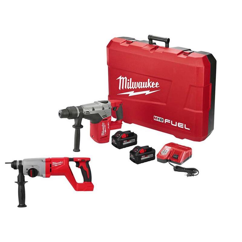 Martillo rotativo inalámbrico Milwaukee M18 FUEL de 18V con tecnología de litio-ion y sin escobillas de 1-9/16 pulgadas SDS-Max, con kit de martillo rotativo con mango en D SDS-PLUS - 2717-22HD-2613-20.