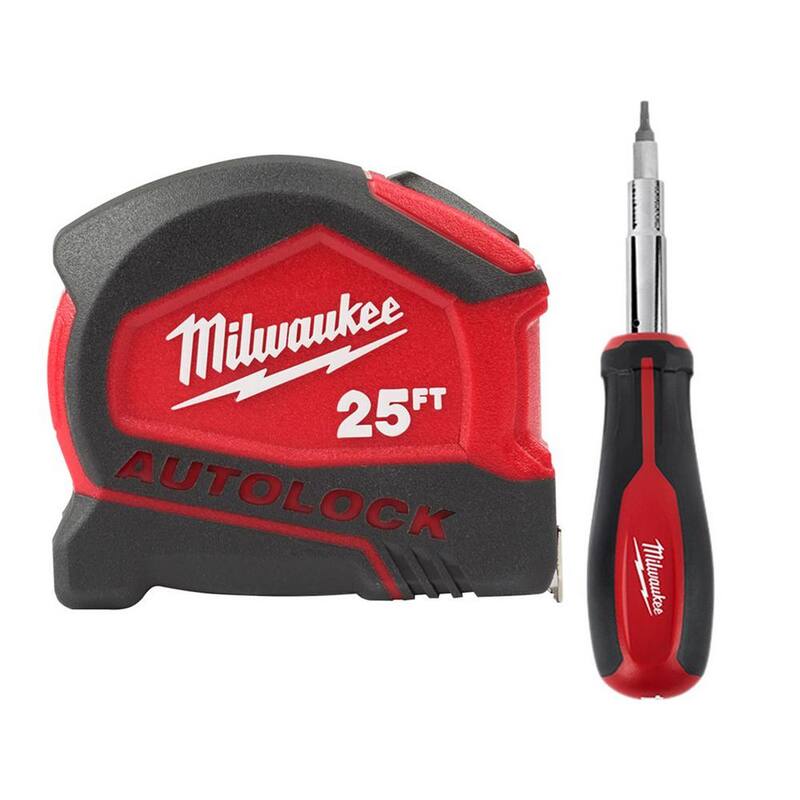 Cinta métrica compacta con bloqueo automático de 25 pies y destornillador multi-tipo de 11 en 1 de Milwaukee