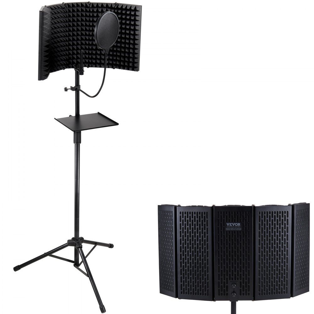 VEVOR Microphone Isolation Shield, 5-Panel, Studio Recording Foldable Mic Sound Shield, with Pop Filter Floor Tripod Stand 3/8'' to 5/8'' Microphone Adapter, for Blue Yeti and Condenser Microphones - GYZGMDSXHMDLA73KWV0