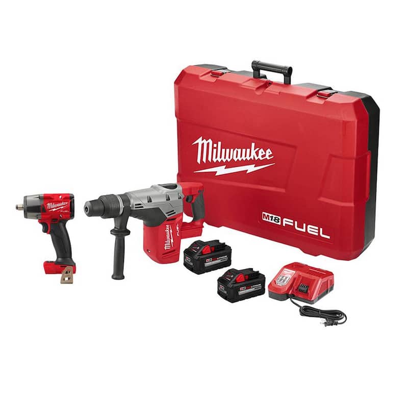Milwaukee M18 FUEL 18-Volt Li-Ion Brushless Cordless 1-9/16 in. SDS-Max Rotary Hammer Kit con dos baterías de 8.0Ah y llave de impacto - 2717-22HD-2962-20