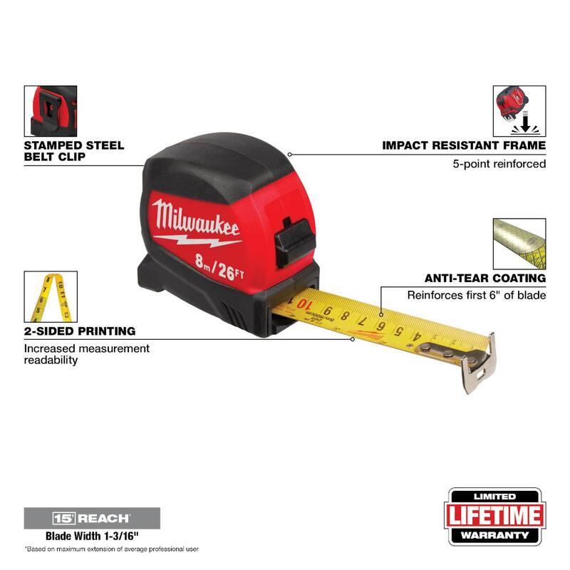 Milwaukee 8 m/26 ft. x 1-3/16 pulgadas Cinta métrica de hoja ancha compacta con alcance de 15 ft. - 48-22-0426