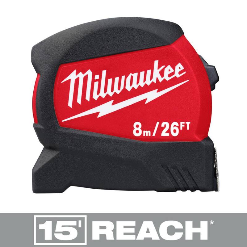 Milwaukee 8 m/26 ft. x 1-3/16 pulgadas Cinta métrica de hoja ancha compacta con alcance de 15 ft. - 48-22-0426