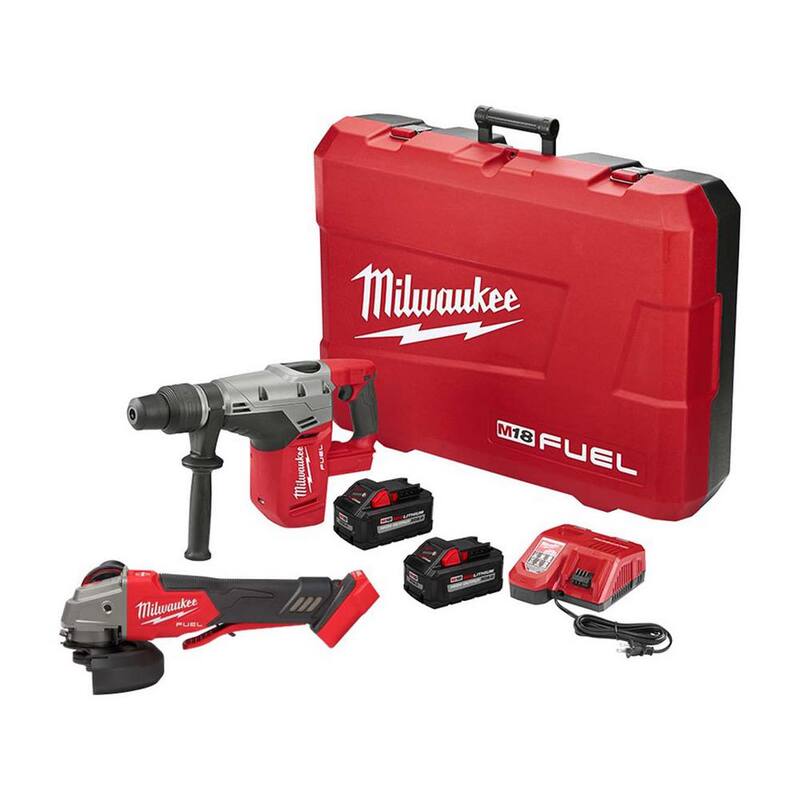 Martillo rotativo sin escobillas Milwaukee M18 FUEL de 18V Lith-Ion inalámbrico con SDS-Max de 1-9/16 pulgadas y kit de dos baterías de 8.0Ah y amoladora M18 FUEL - 2717-22HD-2888-20.