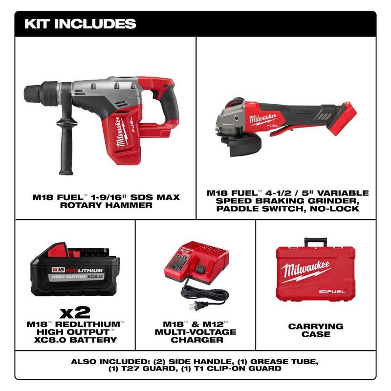 Martillo rotativo sin escobillas Milwaukee M18 FUEL de 18V Lith-Ion inalámbrico con SDS-Max de 1-9/16 pulgadas y kit de dos baterías de 8.0Ah y amoladora M18 FUEL - 2717-22HD-2888-20.