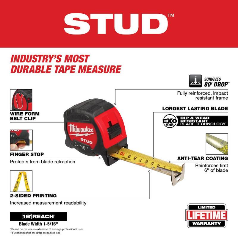 Milwaukee 5 m/16 ft. x 1-5/16 in. Gen II STUD Cinta Métrica con alcance de 17 ft. - 48-22-9717