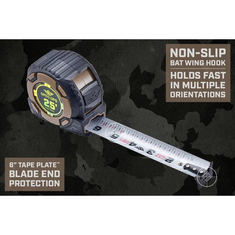 Cinta métrica de la serie Elite SPEC OPS de 25 pies, con cinta de doble cara de 1 1/4 pulgadas, incluye marcas fraccionarias, 12 pies de alcance - SPEC-PTM25-F