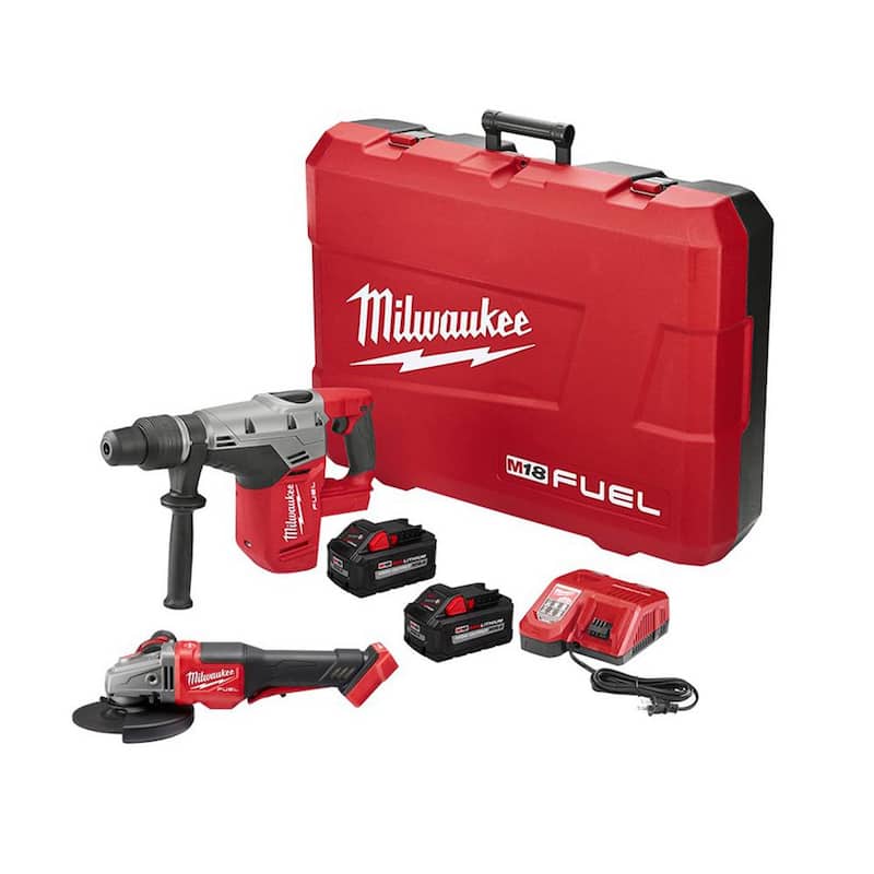 Milwaukee M18 FUEL 18-Volt Lithium-Ion Brushless Cordless 1-9/16 pulgadas SDS-Max Rotary Hammer Kit con dos baterías de 8.0Ah y esmeriladora - 2717-22HD-2980-20