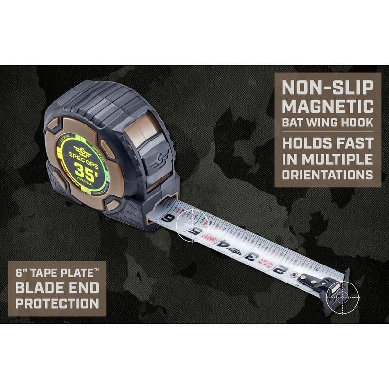 SPEC OPS Cinta Métrica Magnética de la Serie Elite de 35 pies, Hoja de Doble Cara de 1 1/4 pulgadas, Incluye Marcas Fraccionarias, 12 pies de Alcance - SPEC-PTM35M-F