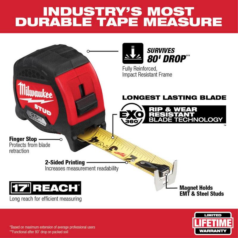 Milwaukee 25 ft. x 1.3 in. Gen II STUD Cinta Métrica Magnética con 14 ft. de Resalte y Escuadra de Recorte de 4-1/2 in. - 48-22-9725M-MLSQ040