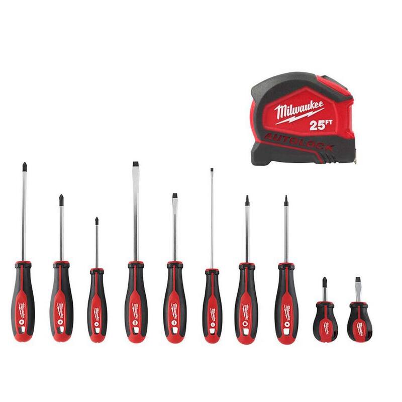 Milwaukee Cinta Métrica de Bloqueo Automático Compacta de 25 ft. SAE con Escala Fraccional y 9 ft. de Resalte con Set de Desarmadores - 48-22-6825-48-22-2710