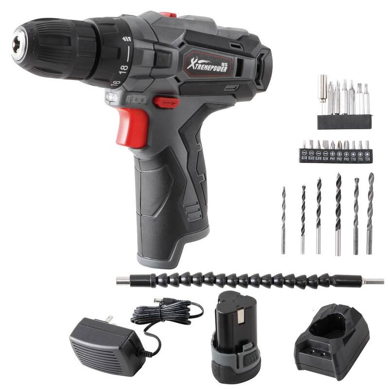 XtremepowerUS Taladro inalámbrico de 12 voltios Li-Ion de 1-9/16 pulgadas con tamaño de mandril, destornillador eléctrico con cargador de batería de 2 Ah y estuche - 47518