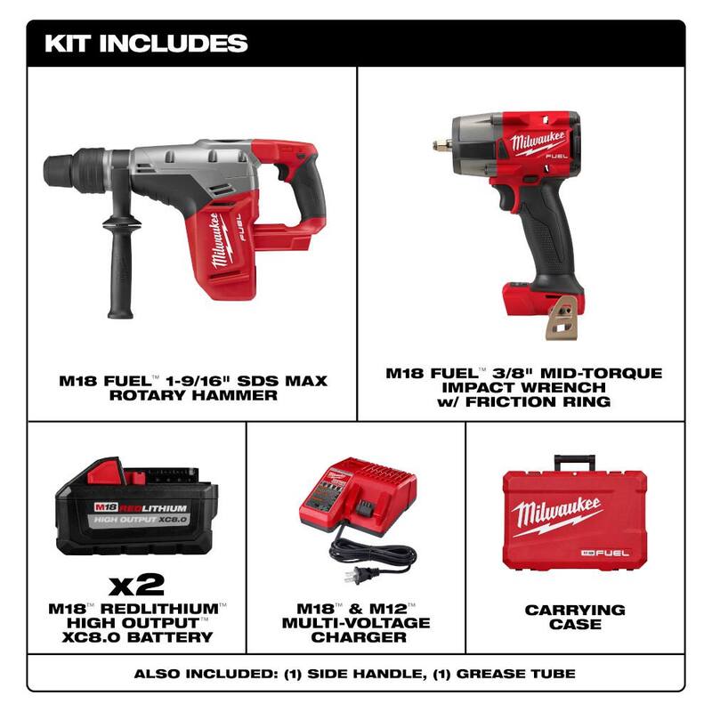 Martillo rotativo Milwaukee M18 FUEL 18V de 1-9/16 inalámbrico SDS-Max con motor sin escobillas, kit con 2 baterías y llave de impacto M18 de 3/8 in - 2717-22HD-2960-20.