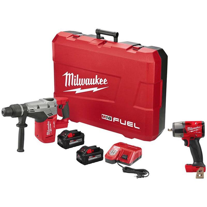Martillo rotativo Milwaukee M18 FUEL 18V de 1-9/16 inalámbrico SDS-Max con motor sin escobillas, kit con 2 baterías y llave de impacto M18 de 3/8 in - 2717-22HD-2960-20.