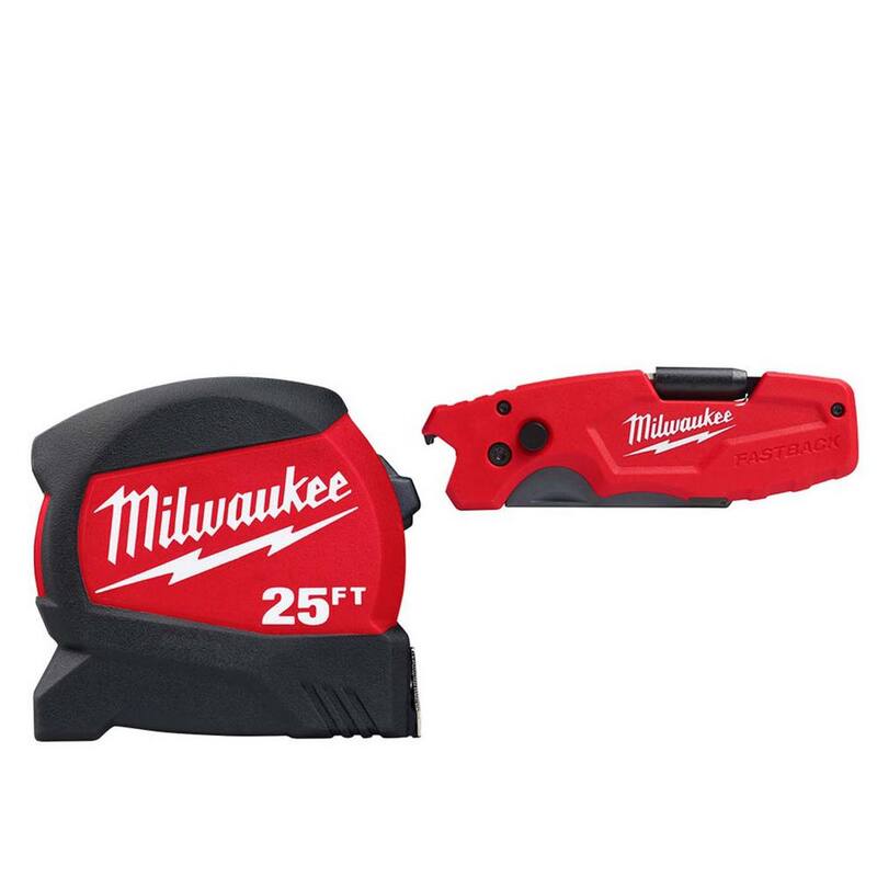 Milwaukee 25 pies x 1-3/16 pulgadas Cinta métrica de hoja ancha compacta con alcance de 15 pies con cuchillos utilitarios plegables FASTBACK 6 en 1 con cuchilla - 48-22-0425-48-22-1505.