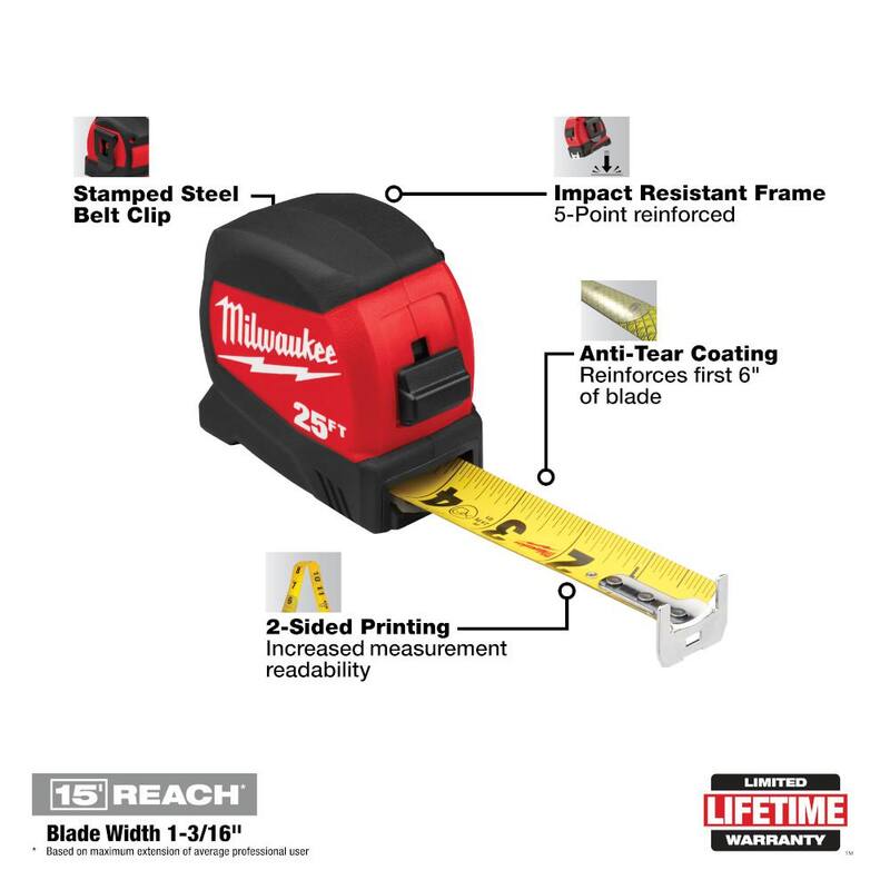 Milwaukee 25 pies x 1-3/16 pulgadas Cinta métrica de hoja ancha compacta con alcance de 15 pies con cuchillos utilitarios plegables FASTBACK 6 en 1 con cuchilla - 48-22-0425-48-22-1505.