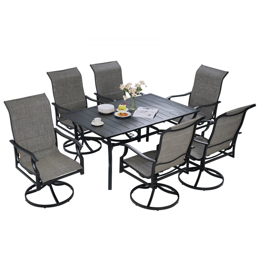 VEVOR 7 Pieces Patio Dining Set, Outdoor Furniture Table and Swivel Chairs Set, All Weather Garden Furniture Table Sets, Iron Patio Conversation Set with Umbrella Hole, For Lawn, Deck, Backyard, Black - LTCZYWDXG6ZYHV6AQV0