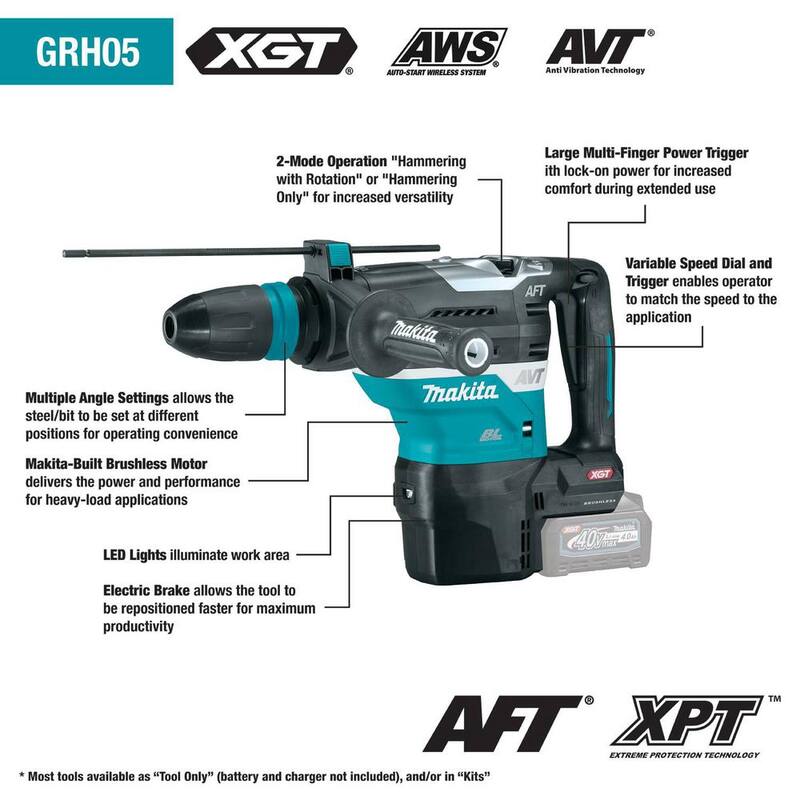 Martillo rotativo sin escobillas inalámbrico Makita 40V Max XGT de 1-9/16 pulgadas con tecnología AVT, AFT, compatible con AWS (sólo herramienta) - GRH05Z