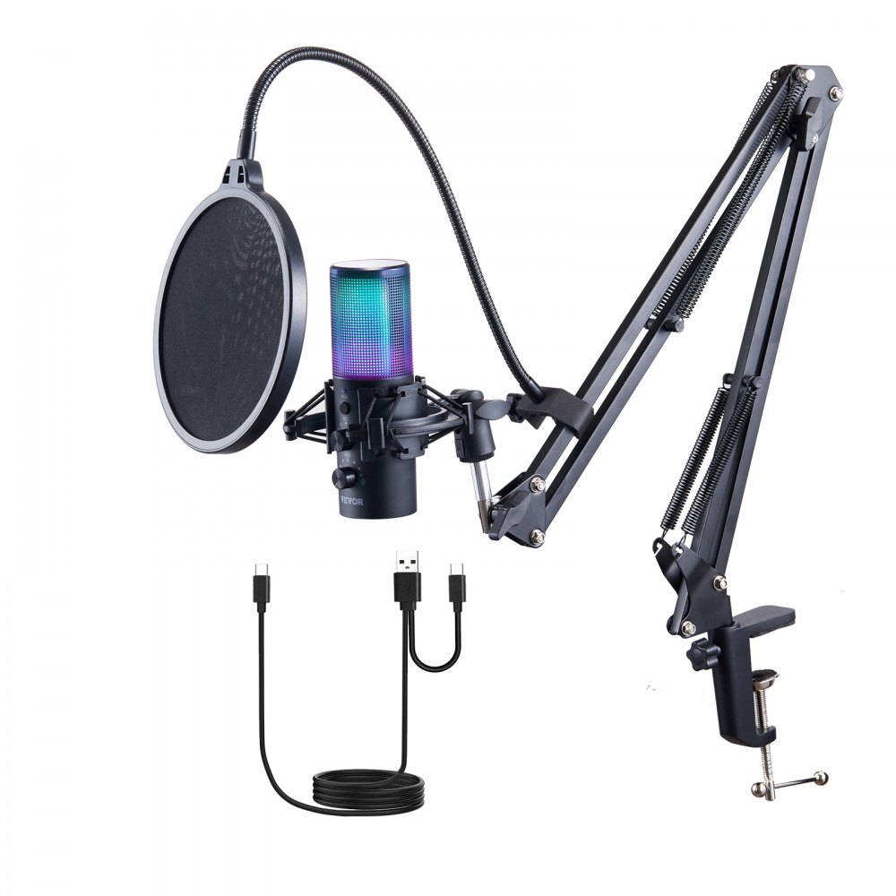 VEVOR USB Microphone, 192 kHz/24-bit, Professional Condenser Microphone Kit with Boom Arm Stand Pop Filter Shock Mount, 11 RGB Lighting Effects Mute Button Headphones Jack for Recording Gaming Singing - DBMKFDRMKFDS8O2KQV9