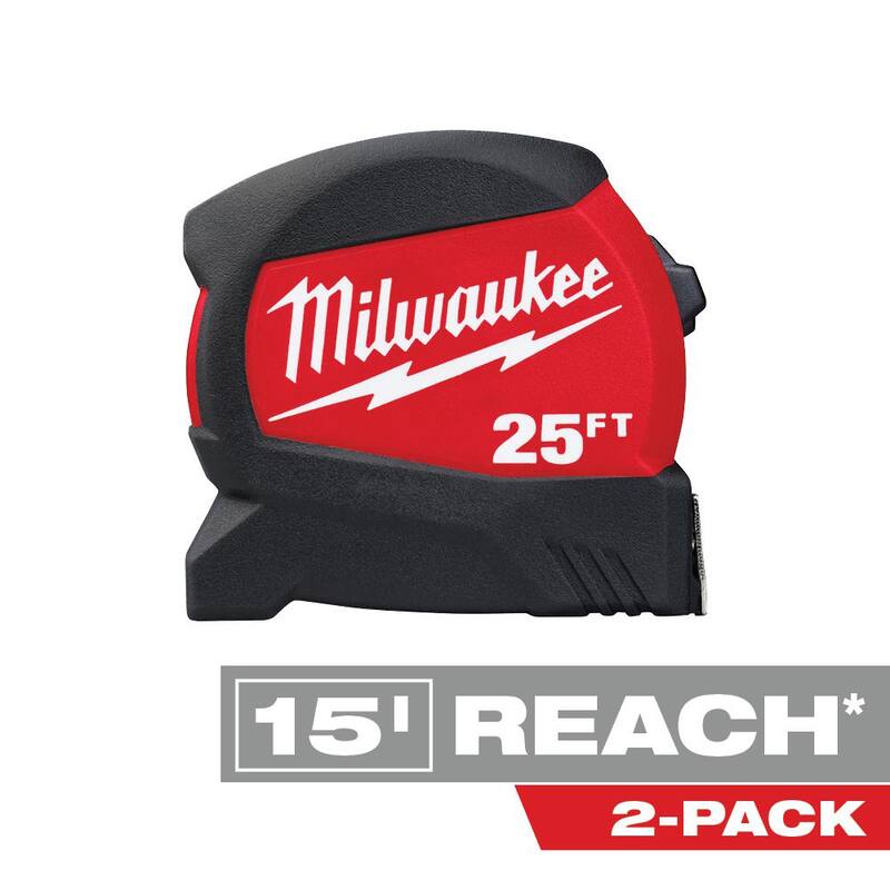 Milwaukee Cinta métrica de hoja ancha compacta de 25 pies x 1.2 pulgadas con alcance de 15 pies (paquete de 2) - 48-22-0425-48-22-0425