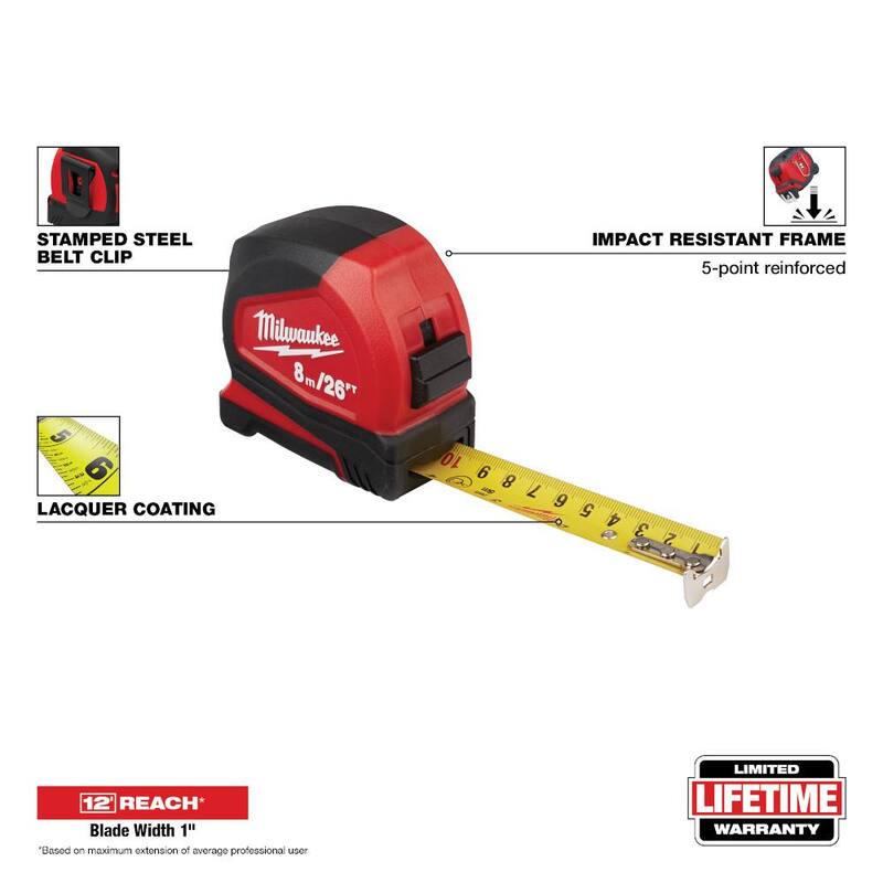 Milwaukee 8 m/26 pies Cinta Métrica Compacta con Cuchillos Utilitarios Plegables FASTBACK 6-en-1 con Hoja de Propósito General - 48-22-6626-48-22-1505