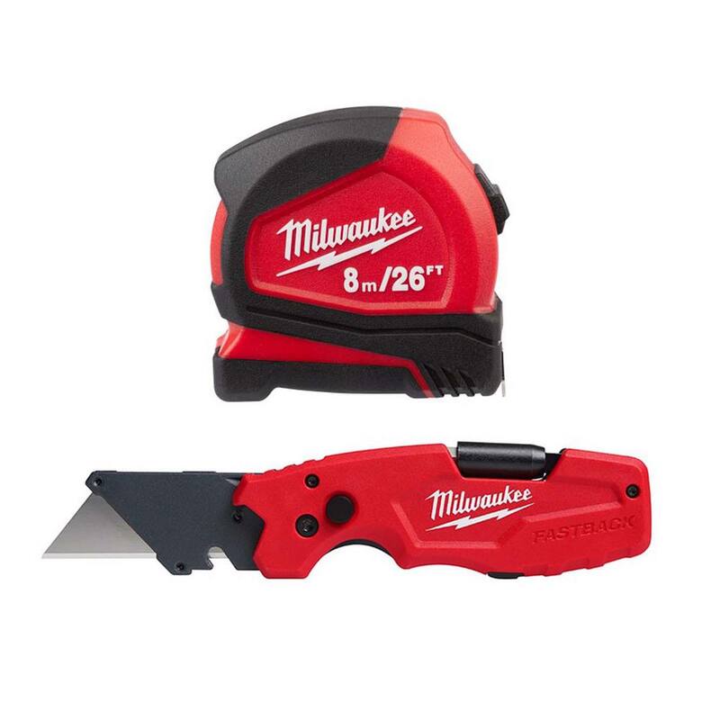 Milwaukee 8 m/26 pies Cinta Métrica Compacta con Cuchillos Utilitarios Plegables FASTBACK 6-en-1 con Hoja de Propósito General - 48-22-6626-48-22-1505