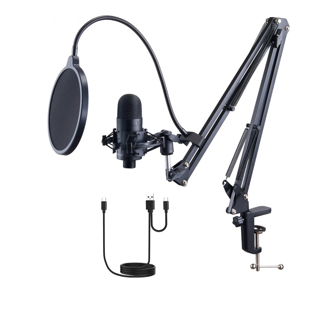 VEVOR USB Microphone, 192kHz/24-bit, Professional Condenser Microphone Kit, with Boom Arm Stand Pop Filter Shock Mount Mute Button Headphones Jack, for Podcast Recording Video Gaming Singing Streaming - DBMKFDRMKFBDKL3E6V9