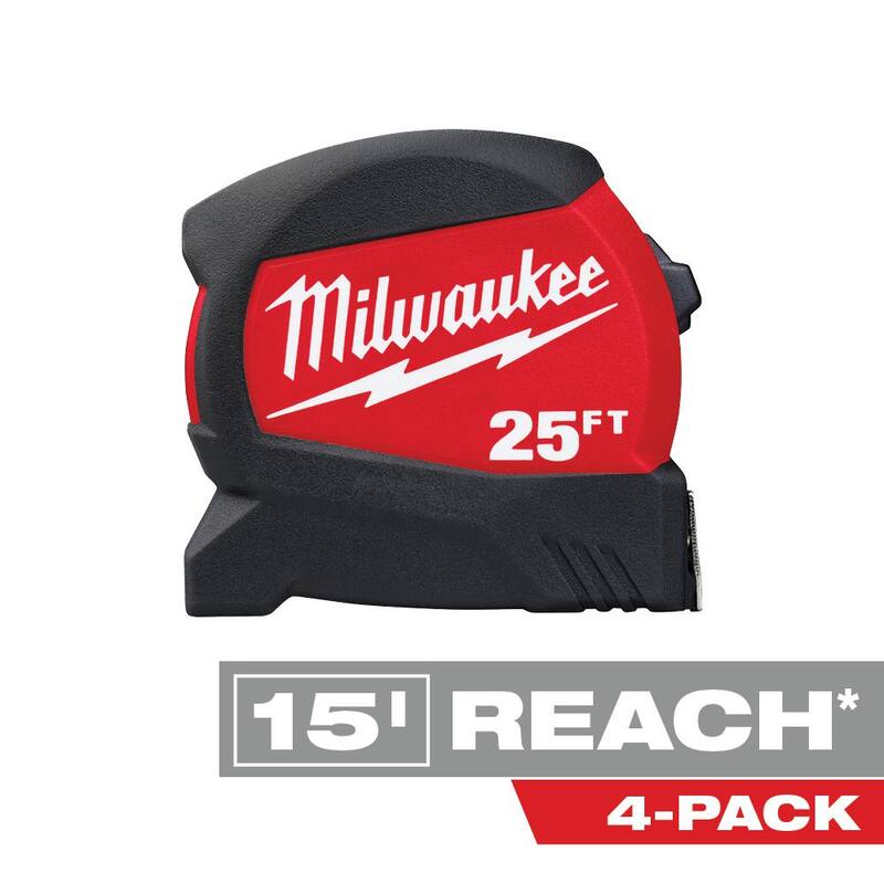 Milwaukee Cinta Métrica Compacta de Hoja Ancha de 25 ft. x 1.2 in. con Alcance de 15 ft. (Paquete de 4) - 48-22-0425-4X