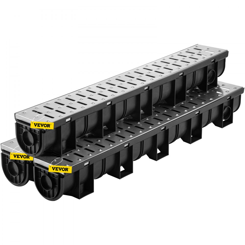 VEVOR Trench Drain System, Channel Drain with Metal Grate, 5.9x5.1-Inch HDPE Drainage Trench, Black Plastic Garage Floor Drain, 3x39 Trench Drain Grate, with 3 End Caps, for Garden, Driveway-3 Pack - PSBXGM100100387N0V0