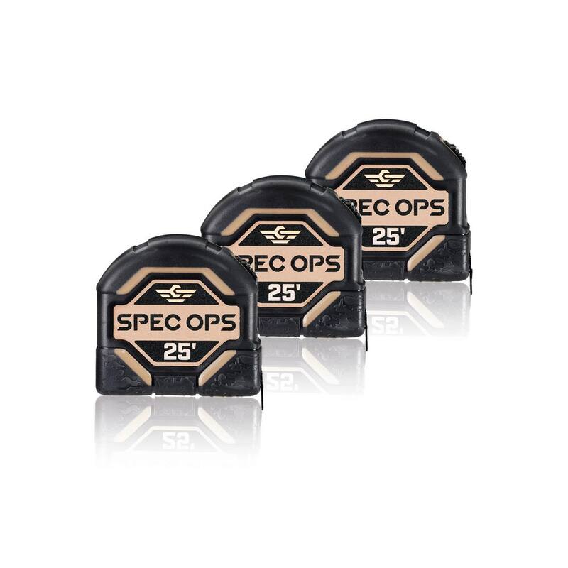 Juego de herramientas de cinta métrica de 25 pies SPEC OPS, hoja de doble cara de 1 1/4 pulgadas, estuche compuesto de grado militar, paquete de 3 - SPEC-TM25-3PK