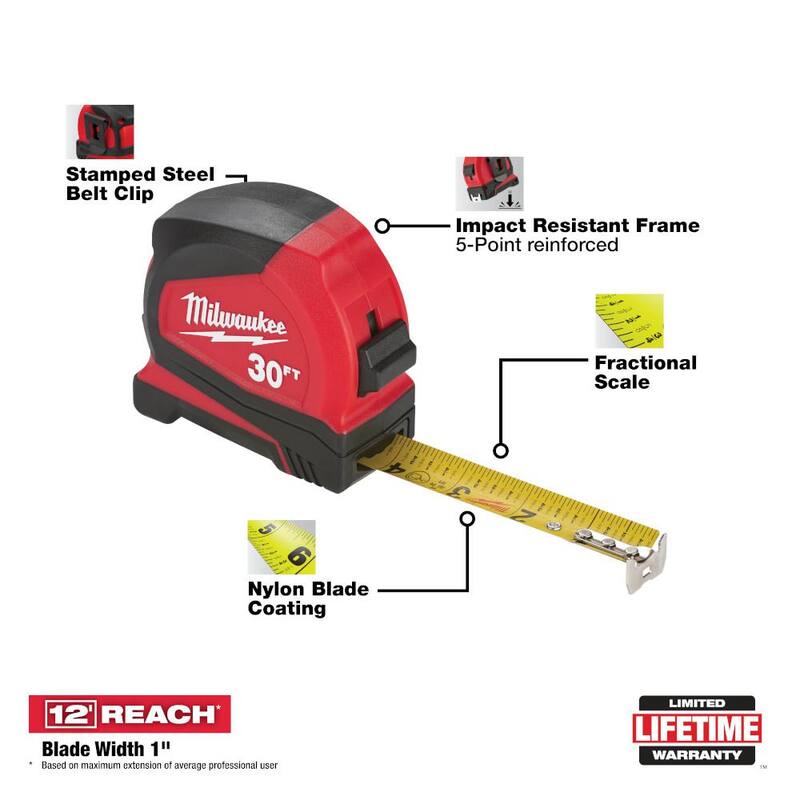 Milwaukee 30 pies Cinta Métrica Compacta con Nivel de Burbuja de 10 pulgadas de Aluminio Fundido con bloqueo de 360 grados - 48-22-6630-48-22-5210