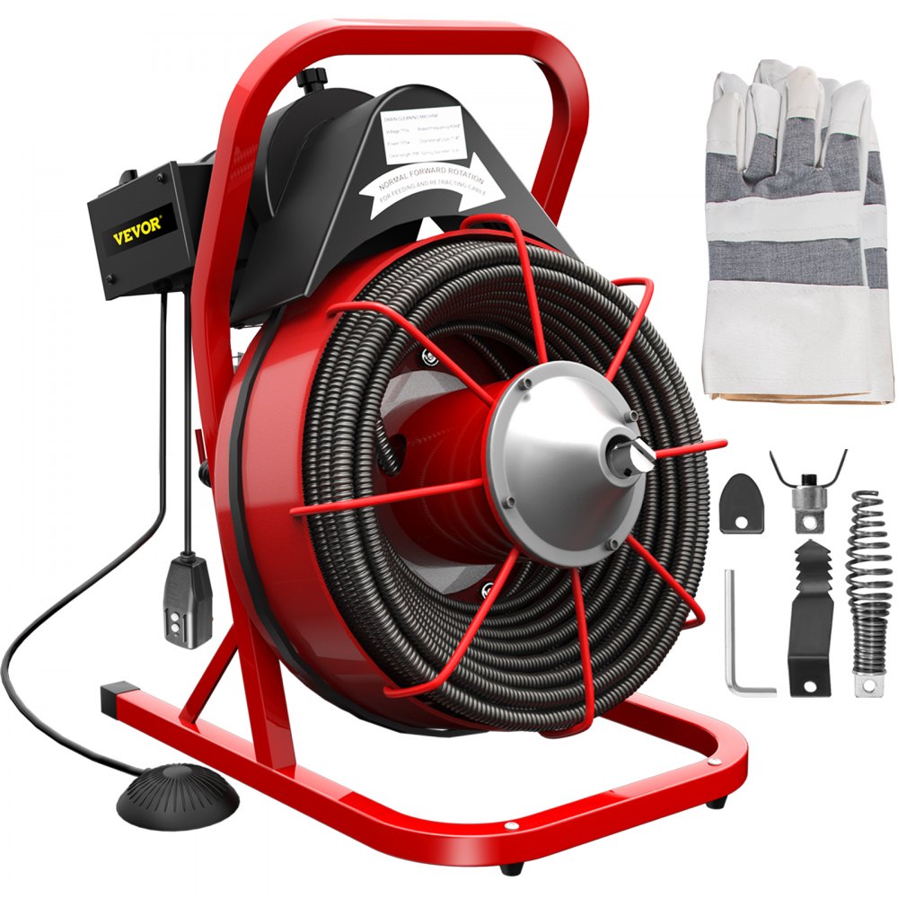 VEVOR 75FT x 1/2 Inch Drain Cleaning Machine, 370W Electric Drain Auger, Portable Sewer Snake Auger Cleaner with Cutters & Air-Activated Foot Switch for 2" to 4" Pipes, Black, Red - GDSTJ75FTX1-2YC01V1