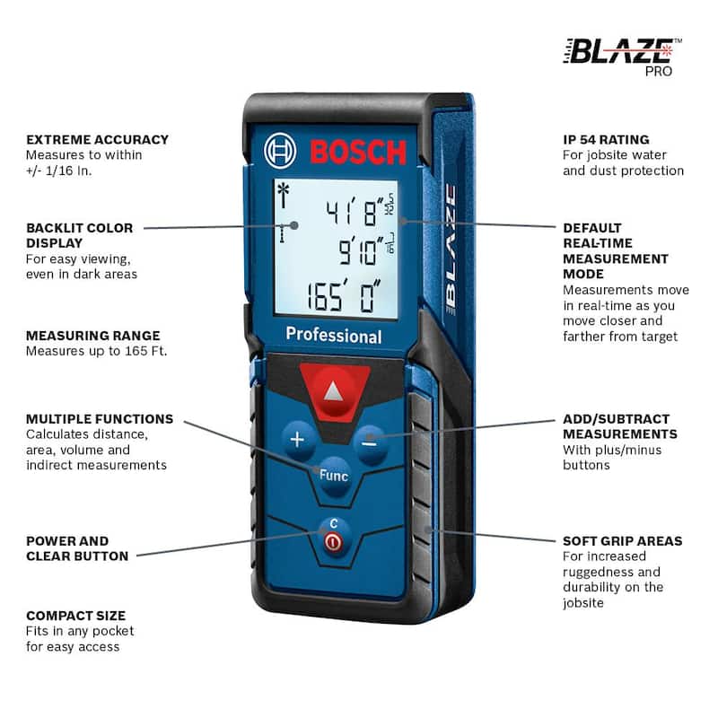 Herramienta de medición láser Bosch BLAZE 165 ft. con cinta métrica, área y volumen - GLM165-40