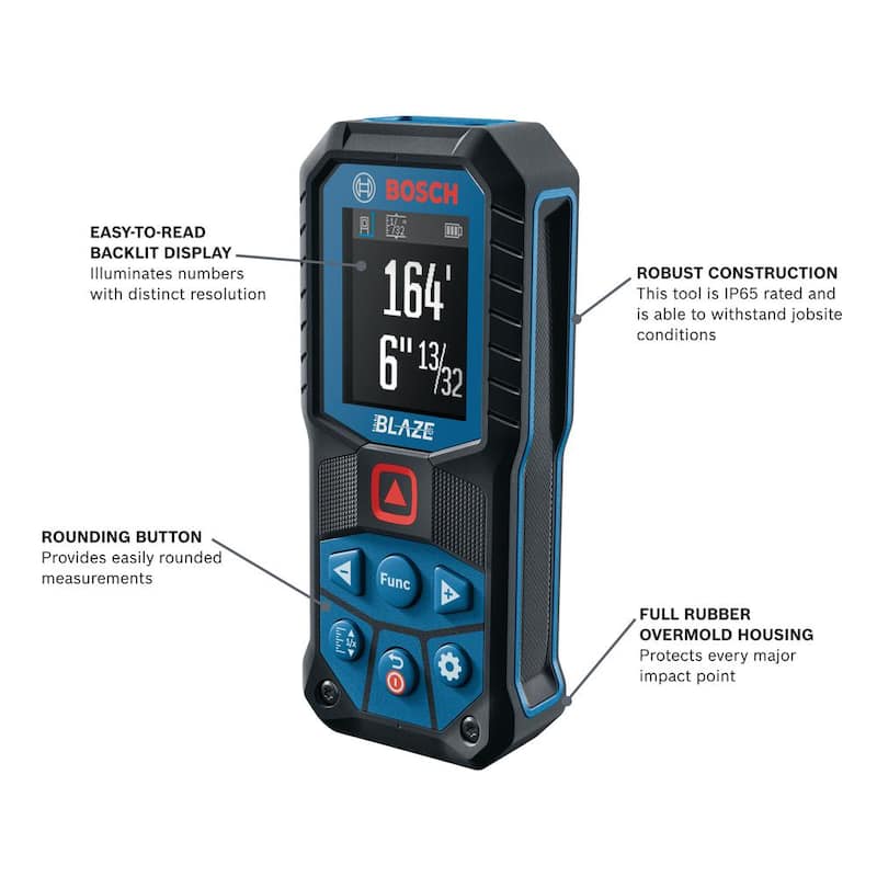 Bosch BLAZE 165 pies. Herramienta de medición de cinta láser con batería de doble potencia, pantalla a color y redondeo de medidas - GLM165-22