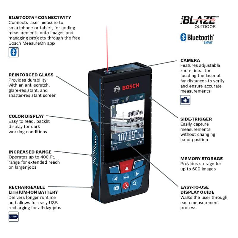 Herramienta de medición con cinta láser para exteriores Bosch BLAZE 400 ft. con Bluetooth y visor de cámara - GLM400C